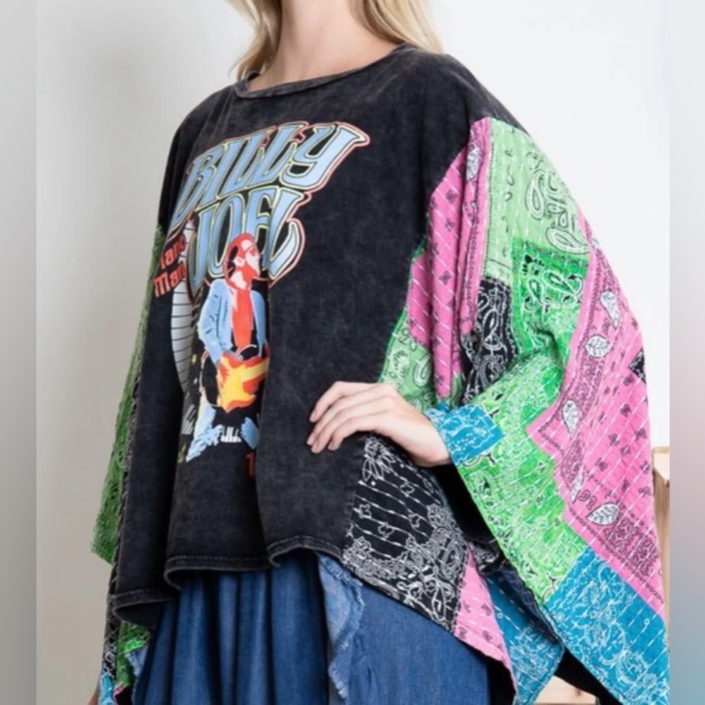 Blue Velvet Billy Joel Mineral Wash Bandana Graphic Oversized poncho size s/m - Picture 4 of 12